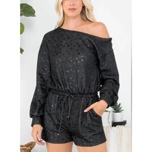 Le Lis Collection Romper Black Stars Large Pockets Off Shoulder New